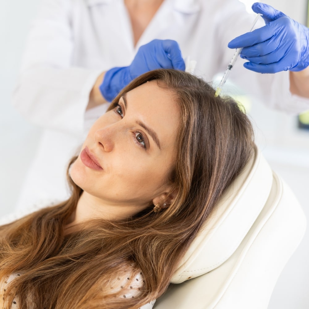 Polynucleotides treatment being applied to a man's scalp to promote hair growth and restore hair thickness.